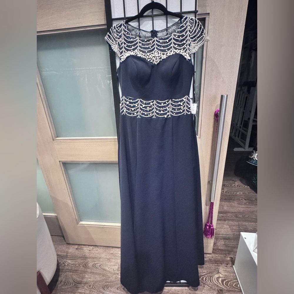 Chic Navy Maxi Dress with Pearl Detailing